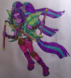 Size: 1953x2149 | Tagged: safe, artist:bozzerkazooers, derpibooru import, aria blaze, equestria girls, fin wings, ninja, ponied up, solo, traditional art, tribaton chuk, weapon