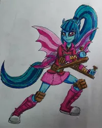 Size: 1838x2297 | Tagged: safe, artist:bozzerkazooers, derpibooru import, sonata dusk, equestria girls, fin wings, ninja, ponied up, solo, tonfa, traditional art, weapon