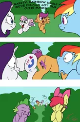 Size: 2423x3699 | Tagged: suggestive, artist:rannva, derpibooru import, apple bloom, rainbow dash, rarity, scootaloo, spike, sweetie belle, dragon, pegasus, pony, unicorn, butt bump, butt to butt, butt touch, comic, cutie mark, cutie mark crusaders, eyes closed, faint, fake cutie mark, female, filly, floppy ears, frown, laughing, male, mare, open mouth, paint on fur, paintbrush, phone sex, prank, puffy cheeks, smiling, stripper, stripper pole, wide eyes