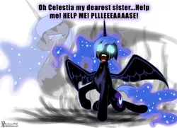 Size: 2568x1856 | Tagged: artist:helenasherzblut, crying, derpibooru import, despair, eyes closed, floppy ears, glowing eyes, gritted teeth, nightmare luna, nightmare moon, open mouth, princess luna, s1 luna, sad, semi-grimdark, solo, spread wings, text, transformation