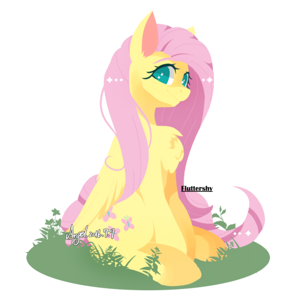 Size: 1120x1120 | Tagged: safe, artist:snow angel, derpibooru import, fluttershy, chest fluff, cute, digital art, ear fluff, fluffy, folded wings, lineless, looking at you, pixiv, shyabetes, simple background, sitting, solo, transparent background