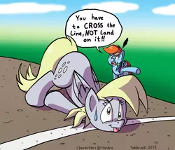 Size: 1000x854 | Tagged: safe, artist:tobibrocki, derpibooru import, derpy hooves, rainbow dash, pegasus, pony, female, finish line, line, mare, pun, race, sweatdrop