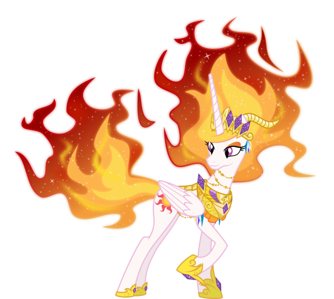 Size: 5000x4474 | Tagged: safe, artist:brisineo, derpibooru import, nightmare star, princess celestia, pony, absurd resolution, armor, evil, female, fire, horns, jewelry, looking back, mare, raised hoof, regalia, simple background, solo, sparkling, tcg, transparent background, vector