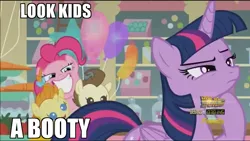 Size: 1080x608 | Tagged: safe, derpibooru import, edit, edited screencap, screencap, pinkie pie, pound cake, pumpkin cake, twilight sparkle, twilight sparkle (alicorn), alicorn, earth pony, pony, unicorn, the one where pinkie pie knows, back to the future, balloon, booty had me like, caption, discovery family logo, eyes on the prize, female, mare, meme, text