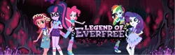 Size: 1664x524 | Tagged: safe, derpibooru import, official, gloriosa daisy, pinkie pie, rainbow dash, rarity, sci-twi, twilight sparkle, equestria girls, legend of everfree, camp everfree logo, camp everfree outfits, camp fashion show outfit, clothes, converse, female, ponytail, shoes