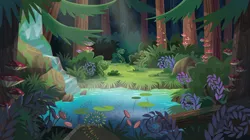 Size: 540x302 | Tagged: safe, derpibooru import, screencap, equestria girls, legend of everfree, background, forest, mushroom, photo, pine tree, plants, pond, scenery, scenery porn, tree, waterfall