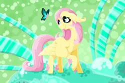 Size: 1920x1280 | Tagged: safe, artist:buttersflutterscotch, derpibooru import, fluttershy, butterfly, pegasus, pony, abstract background, floppy ears, head turn, looking at something, looking up, raised hoof, smiling, solo, standing, stray strand, wings