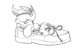 Size: 3274x2311 | Tagged: artist:shoeunit, black and white, characters inside shoes, cute, cutealoo, derpibooru import, grayscale, monochrome, safe, scootaloo, shoes, sleeping, solo, traditional art