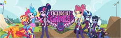 Size: 1920x609 | Tagged: safe, derpibooru import, official, pinkie pie, sci-twi, sour sweet, sugarcoat, sunny flare, sunset shimmer, twilight sparkle, equestria girls, friendship games, archery, arrow, banner, bow (weapon), bow and arrow, crystal prep shadowbolts, looking at you, motorcross, motorcycle, weapon