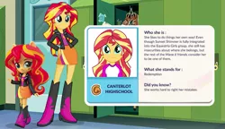 Size: 885x510 | Tagged: safe, derpibooru import, sunset shimmer, equestria girls, legend of everfree, app, boots, clothes, doll, door, eqg profiles, equestria girls minis, high heel boots, jacket, leather jacket, lockers, shoes, skirt, toy