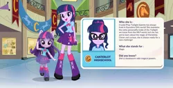 Size: 1064x546 | Tagged: safe, derpibooru import, sci-twi, twilight sparkle, twilight sparkle (alicorn), equestria girls, legend of everfree, boots, bowtie, canterlot high, clothes, doll, eqg profiles, equestria girls minis, glasses, high heel boots, leg warmers, mistaken identity, pleated skirt, ponytail, skirt, smiling, solo, toy