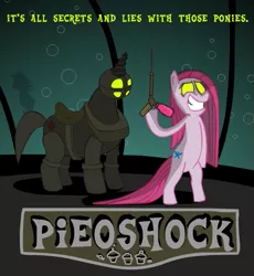 Size: 523x568 | Tagged: semi-grimdark, artist:brutamod, derpibooru import, big macintosh, pinkie pie, earth pony, pony, sea pony, big daddy, bioshock, crossover, male, pinkamena diane pie, stallion, video game