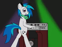 Size: 1565x1188 | Tagged: safe, artist:mackstack, derpibooru import, vinyl scratch, pony, bipedal, keyboard, looking at you, musical instrument, synthesizer