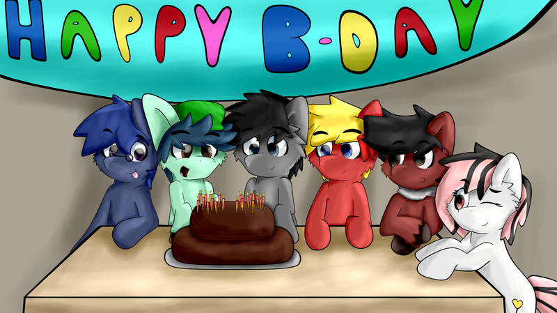 Size: 6188x3471 | Tagged: artist:sherfur, birthday, cake, derpibooru import, food, happy, oc, oc:daybreak, oc:flick, oc:noxington nocte, oc:pouncer, oc:scoots, oc:tal, safe, unofficial characters only