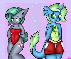 Size: 2792x2300 | Tagged: anthro, artist:ashee, belly button, breasts, cleavage, clothes, derpibooru import, dracony, female, hands behind back, hybrid, oc, oc:bonfire, oc:kahuna, safe, swimsuit, swim trunks, unofficial characters only