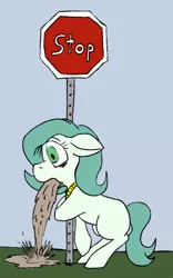 Size: 504x810 | Tagged: safe, artist:thebathwaterhero, derpibooru import, oc, oc:emerald jewel, unofficial characters only, earth pony, pony, colt quest, amulet, bags under eyes, blank flank, child, color, colt, drunk, floppy ears, foal, ground, hangover, leaning, male, metal, solo, stop sign, vomit, vomiting, wide eyes