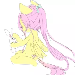 Size: 1650x1650 | Tagged: alternate hairstyle, anatomically incorrect, angel bunny, artist:yowal, colored sketch, derpibooru import, fluttershy, incorrect leg anatomy, pixiv, ponytail, safe, simple background, sitting, white background