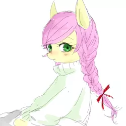 Size: 1650x1650 | Tagged: alternate hairstyle, artist:yowal, blushing, bow, braid, clothes, derpibooru import, digital art, fluttershy, green eyes, hair bow, looking at you, pink hair, pink mane, pixiv, safe, simple background, sitting, solo, sweater, sweatershy, turtleneck, twin braids, white sweater, yellow coat