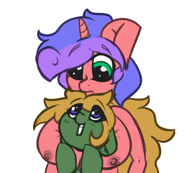 Size: 2278x2038 | Tagged: questionable, artist:thelegitimantis, deleted from derpibooru, derpibooru import, oc, oc:ebony feather, oc:polaris, unofficial characters only, anthro, unicorn, anthro ponidox, big breasts, boob smothering, breasts, collaboration, female, nipples, nudity