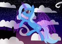 Size: 4961x3508 | Tagged: safe, artist:deathaura40s, derpibooru import, trixie, pony, unicorn, artificial wings, augmented, female, flying, magic, magic wings, mare, night, solo, wings