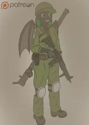 Size: 850x1200 | Tagged: safe, alternate version, artist:linedraweer, derpibooru import, oc, oc:shade, unofficial characters only, anthro, bat pony, plantigrade anthro, anthro oc, ar15, army, gun, knife, military, military uniform, patreon, patreon logo, request, rocket launcher, solo, weapon