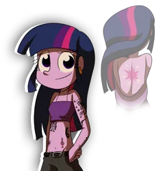 Size: 1144x1200 | Tagged: safe, artist:fj-c, derpibooru import, twilight sparkle, equestria girls, back, belly button, ear piercing, earring, jewelry, looking at you, midriff, piercing, raised eyebrow, smiling, solo, tattoo, undressing