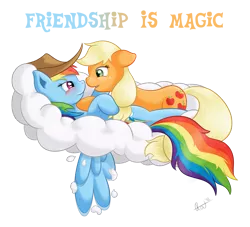 Size: 1355x1228 | Tagged: safe, artist:ratofdrawn, derpibooru import, applejack, rainbow dash, pony, accessory swap, appledash, bedroom eyes, blushing, cloud, cuddling, eye contact, female, floppy ears, lesbian, mare, on back, on top, prone, shipping, simple background, snuggling, spread wings, transparent background, wingboner