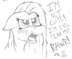 Size: 1228x1017 | Tagged: angry, artist:mane-shaker, blatant lies, blushing, cute, cuteamena, derpibooru import, embarrassed, fangs, floppy ears, glare, i'm not cute, monochrome, open mouth, pinkamena diane pie, pinkie pie, rawr, safe, sharp teeth, solo, traditional art