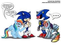 Size: 950x700 | Tagged: safe, artist:niban-destikim, derpibooru import, rainbow dash, hedgehog, pegasus, pony, robot, robot pony, crossover, female, male, mare, metal dash, metal sonic, simple background, sonic the hedgehog, sonic the hedgehog (series), transparent background