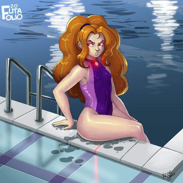 Size: 900x900 | Tagged: suggestive, alternate version, artist:kevinsano, derpibooru import, adagio dazzle, equestria girls, armpits, breasts, clothes, female, futa folio, one-piece swimsuit, poolside, small breasts, solo, solo female, swimming pool, swimsuit