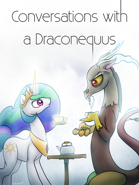 Size: 1200x1600 | Tagged: artist:conicer, derpibooru import, discord, fanfic, fanfic art, fanfic cover, food, g4, magic, princess celestia, safe, tea, telekinesis