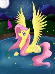 Size: 1237x1643 | Tagged: safe, artist:derpsonhooves, derpibooru import, fluttershy, night, solo, swimming