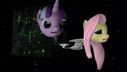 Size: 1920x1080 | Tagged: 3d, artist:raptor1701, artist:raptornx01, borg, borg cube, crossover, derpibooru import, enterprise, enterprise d, fluttershy, safe, starlight glimmer, star trek, star trek: the next generation, wat, wtf