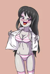 Size: 2362x3472 | Tagged: suggestive, artist:sumin6301, derpibooru import, octavia melody, equestria girls, belly button, bra, breasts, busty octavia, cleavage, clothes, dress shirt, female, flashing, open clothes, open mouth, panties, presenting, sexy, shirt, socks, solo, solo female, striped socks, striped underwear, underwear