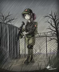 Size: 1280x1562 | Tagged: ar15, artist:slawomiro, belt, boots, cap, clothes, derpibooru import, electric fence, escape from tarkov, gloves, gun, hat, human, humanized, knee pads, m4a1, nurse redheart, rain, russia, safe, shed, signature, solo, tarkov, walking, weapon