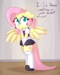 Size: 1280x1592 | Tagged: suggestive, artist:mr-degration, derpibooru import, fluttershy, pony, bipedal, clothes, female, fluttermaid, maid, master, solo, solo female, speech