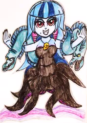 Size: 918x1287 | Tagged: safe, artist:blazingdazzlingdusk, derpibooru import, sonata dusk, eel, fish, moray eel, equestria girls, rainbow rocks, crossover, disney, disney villains, drawing, flotsam, jetsam, request, solo, traditional art, ursula