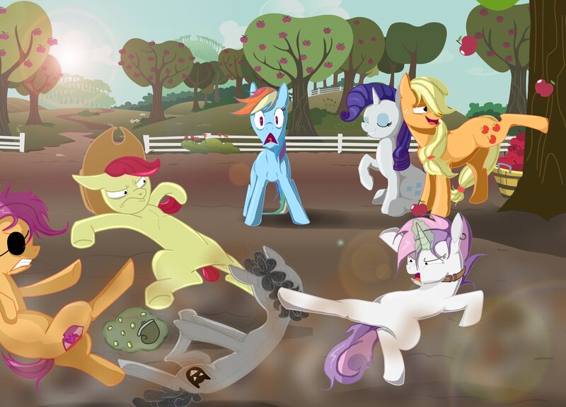 Size: 1600x1150 | Tagged: dead source, safe, artist:odd-snickerdoodle, derpibooru import, apple bloom, applejack, rainbow dash, rarity, scootaloo, sweetie belle, oc, collar, cutie mark, cutie mark crusaders, eyepatch, hat, image, jpeg, magic, purse, telekinesis, the cmc's cutie marks, thief