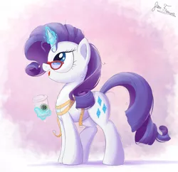 Size: 1650x1595 | Tagged: safe, artist:bugplayer, derpibooru import, rarity, pony, unicorn, coffee, cup, female, glasses, levitation, magic, mare, measuring tape, open mouth, signature, solo, starbucks, telekinesis