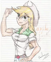 Size: 1024x1244 | Tagged: safe, artist:x-force02ranger, derpibooru import, applejack, equestria girls, applejacked, breasts, female, flexing, lined paper, muscles, solo, traditional art, watermark