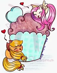 Size: 930x1200 | Tagged: safe, artist:shikimaakemi, derpibooru import, applejack, fluttershy, pony, appleshy, blushing, chubbie, cupcake, eyes closed, female, food, heart, lesbian, mare, my little squishy, obtrusive watermark, shipping, watermark