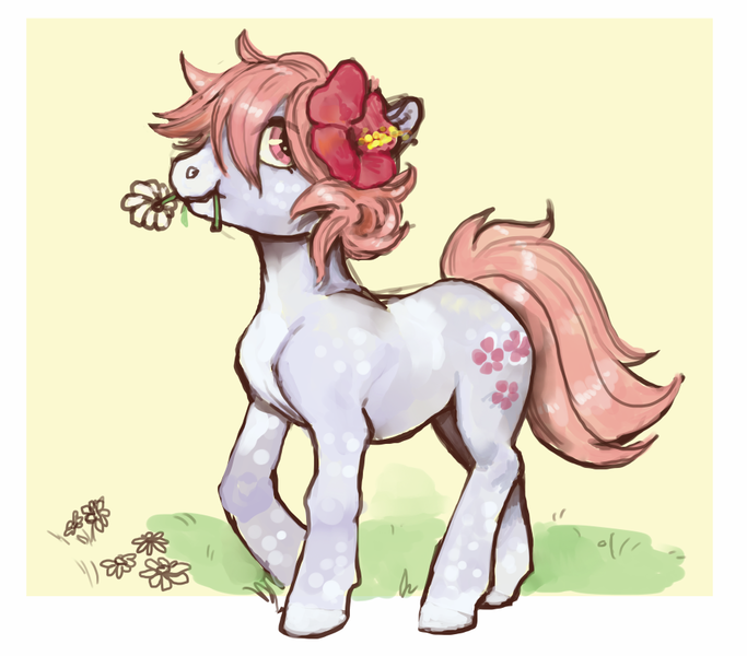 Size: 961x844 | Tagged: artist:spectralunicorn, derpibooru import, eating, flower, looking at you, oc, oc:sugar blossom, safe, scrunchy face, simple background, solo, unofficial characters only, walking