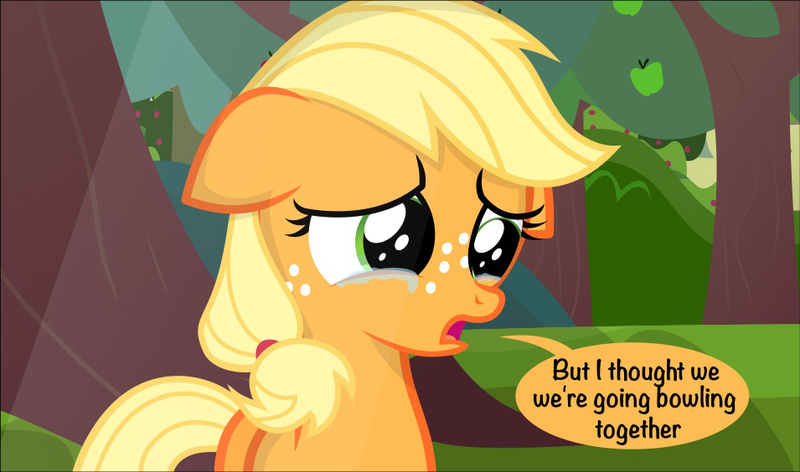 Size: 955x564 | Tagged: safe, artist:coltsteelstallion, derpibooru import, applejack, apple, apple tree, crying, cute, filly, filly applejack, food, grammar error, jackabetes, sad, speech bubble, tree, younger