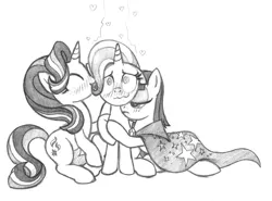 Size: 1639x1212 | Tagged: suggestive, artist:lockerobster, derpibooru import, maud pie, starlight glimmer, trixie, earth pony, pony, unicorn, accessory swap, blushing, cute, female, females only, hilarious in hindsight, hug, lesbian, mare, mauxie, monochrome, ot3, polyamory, shipping, simple background, starmaud, starmauxie, startrix, traditional art, trixie gets all the mares, white background