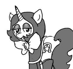 Size: 640x600 | Tagged: suggestive, artist:ficficponyfic, derpibooru import, oc, oc:joyride, unofficial characters only, pony, unicorn, colt quest, adult, bowtie, clothes, cutie mark, eyeshadow, female, horn, imminent sex, leggings, makeup, mantle, mare, monochrome, smiling, solo focus, spoon, story included