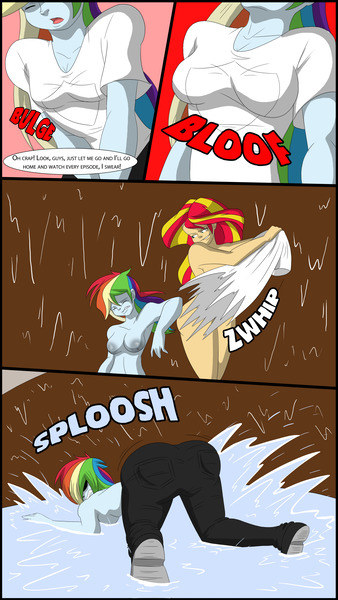 Size: 3508x6228 | Tagged: questionable, artist:tfsubmissions, derpibooru import, rainbow dash, sunset shimmer, comic:the mane attraction, equestria girls, armpits, breast expansion, breasts, busty rainbow dash, butt expansion, clothes, comic, crotch bulge, dialogue, eyes closed, female, growth, male to female, nipples, nudity, open mouth, pants, partial nudity, rainbutt dash, ripping clothes, rule 63, shoes, speech bubble, tight clothing, torn clothes, transformation, transgender transformation, water