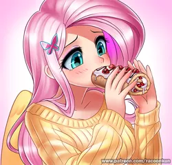 Size: 624x600 | Tagged: artist:racoonsan, blushing, breasts, busty fluttershy, clothes, crepe, derpibooru import, eating, female, fluttershy, food, human, humanized, solo, solo female, suggestive, suggestive eating, sweater, sweatershy, winged humanization