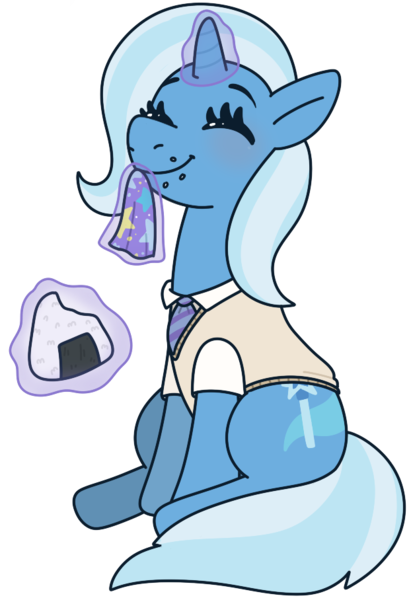 Size: 622x908 | Tagged: safe, artist:brae, derpibooru import, trixie, pony, unicorn, clothes, eating, eyes closed, female, food, jelly filled donut, magic, mare, onigiri, school uniform, sitting, solo