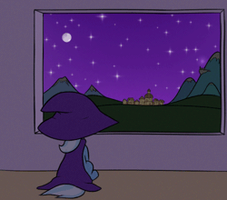 Size: 500x440 | Tagged: safe, artist:zippysqrl, derpibooru import, trixie, pony, unicorn, the little magician, 4th of july, animated, canterlot, female, fireworks, frame by frame, hill, mare, moon, mountain, night, sitting, solo, stars, window