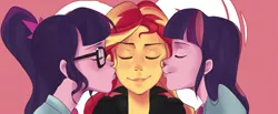 Size: 1547x638 | Tagged: safe, artist:heavenlysasha, derpibooru import, sci-twi, sunset shimmer, twilight sparkle, equestria girls, cute, eyes closed, female, kiss on the cheek, kiss sandwich, kissing, lesbian, ponytail, scitwishimmer, self paradox, shipping, sunset twiangle, sunsetsparkle, twolight
